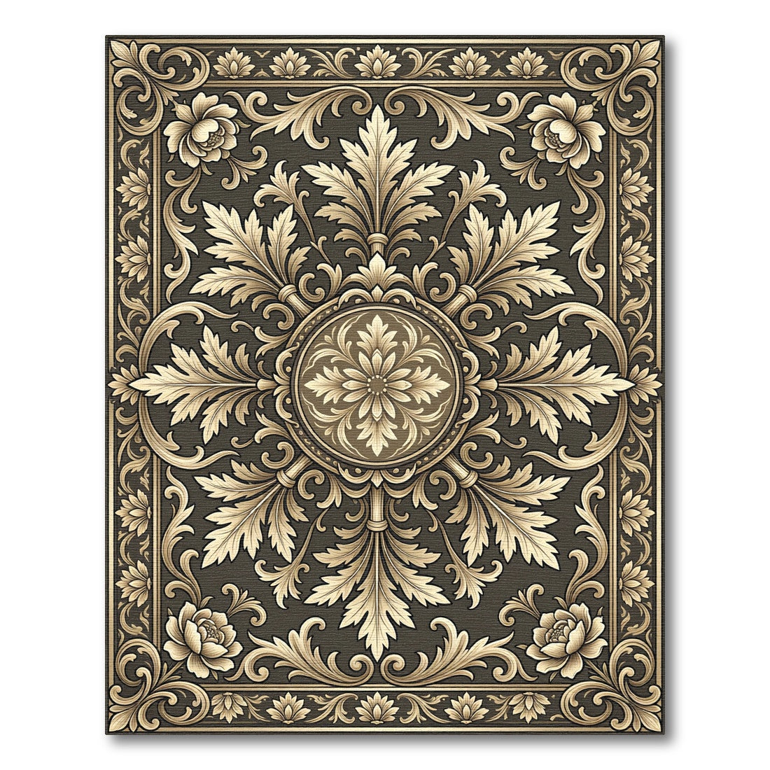 Elegant Gold Leaf Filigree Scrollwork Rug