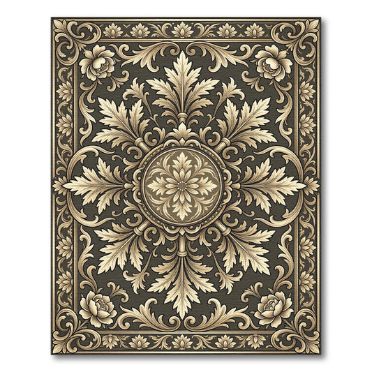 Elegant Gold Leaf Filigree Scrollwork Rug