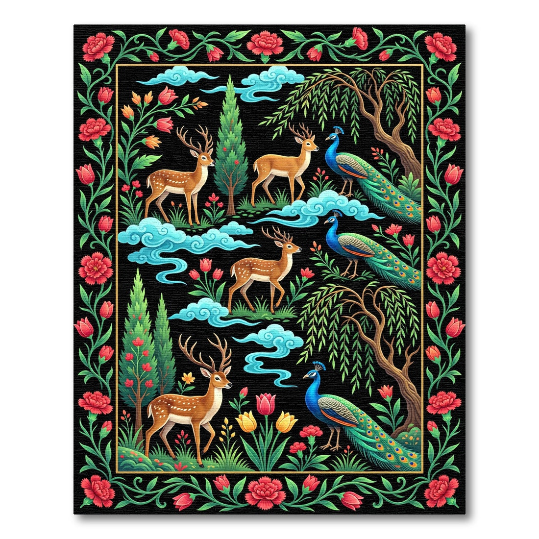 Enchanted Forest Peacock and Deer Tapestry Rug