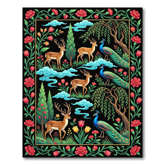 Enchanted Forest Peacock and Deer Tapestry Rug