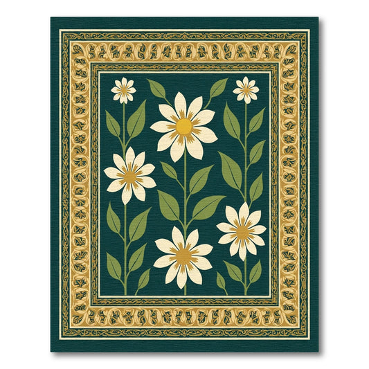 Emerald Green Floral Garden with Border Rug