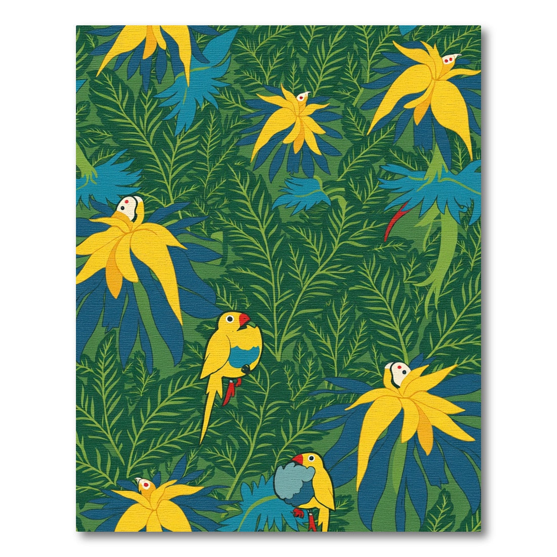 Vibrant Yellow Parrot Jungle Leaves Rug