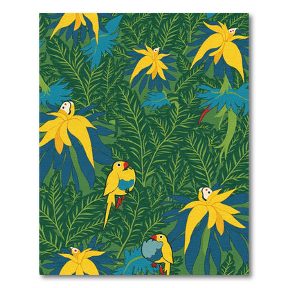 Vibrant Yellow Parrot Jungle Leaves Rug