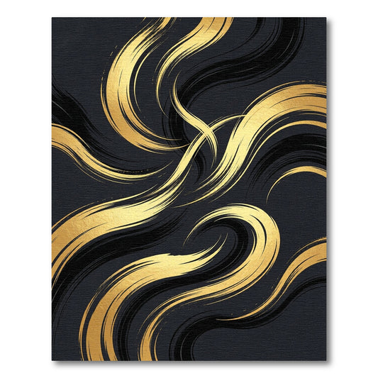 Elegant Gold Black Curving Abstract Waves Rug