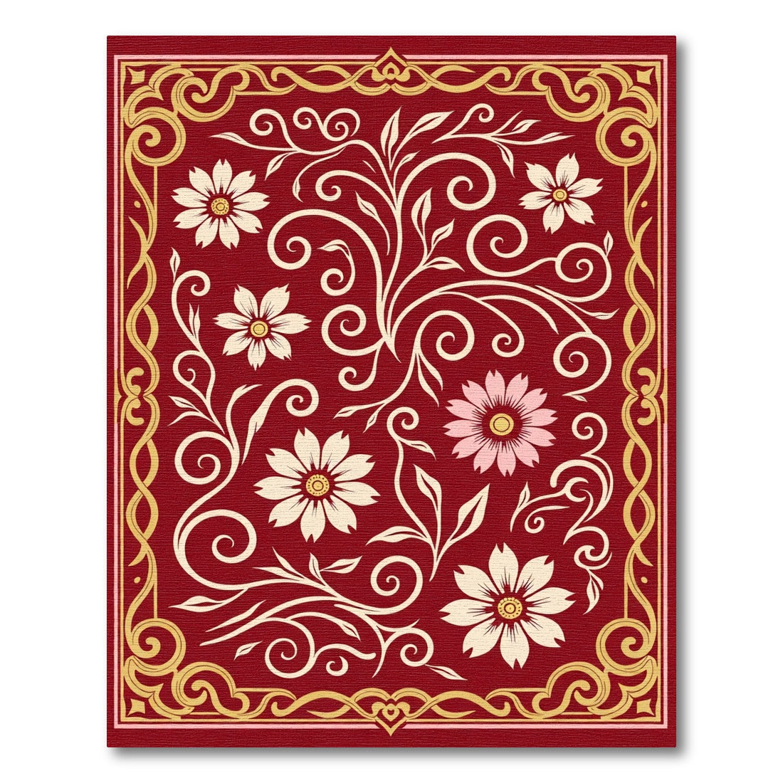 Crimson Floral Scrollwork With Golden Border Rug