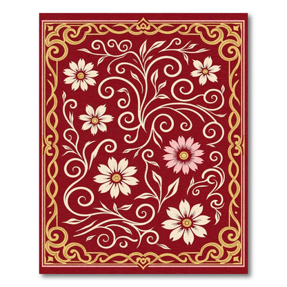 Crimson Floral Scrollwork With Golden Border Rug