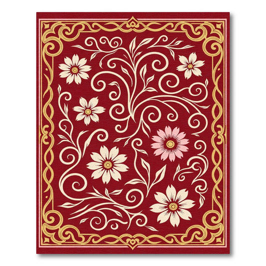 Crimson Floral Scrollwork With Golden Border Rug