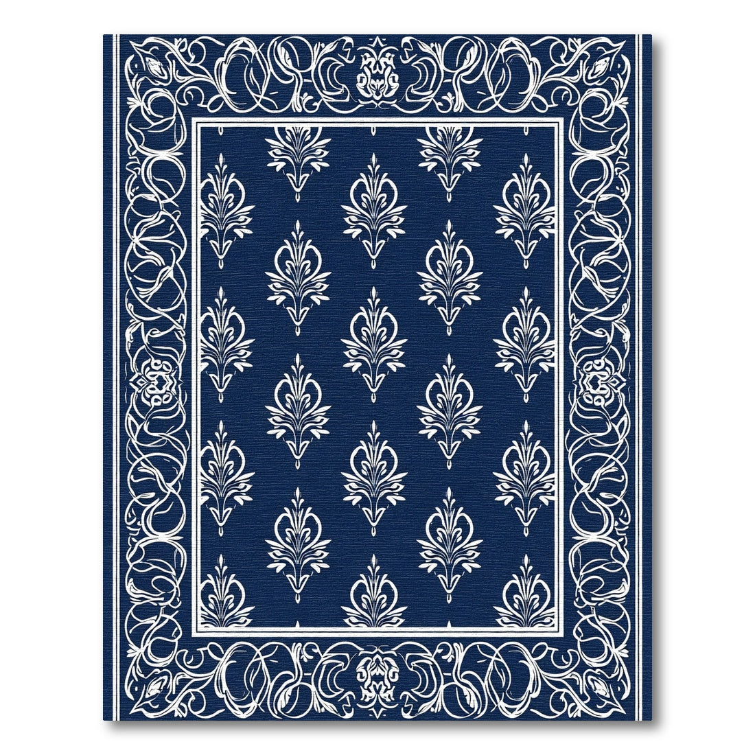 Deep Blue White Ornate Damask Rug
