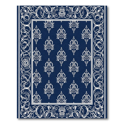 Deep Blue White Ornate Damask Rug