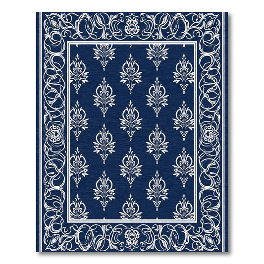 Deep Blue White Ornate Damask Rug