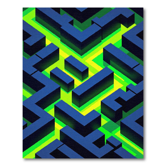 Neon Labyrinth Isometric Geometric Blue Rug