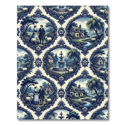 Blue Toile Pastoral Landscape Scroll Damask Rug