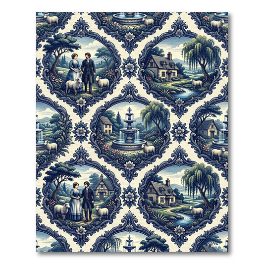 Blue Toile Pastoral Landscape Scroll Damask Rug