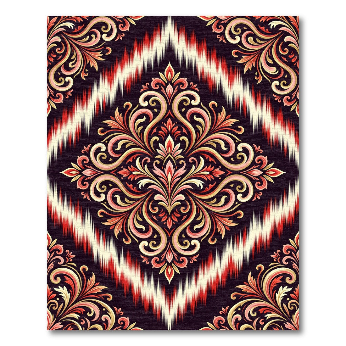 Crimson Scrollwork Ikat Harmony Rug