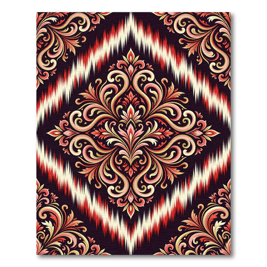 Crimson Scrollwork Ikat Harmony Rug