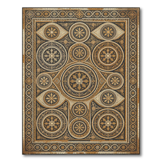 Intricate Gold Black Circular Bloom Arrangement Rug