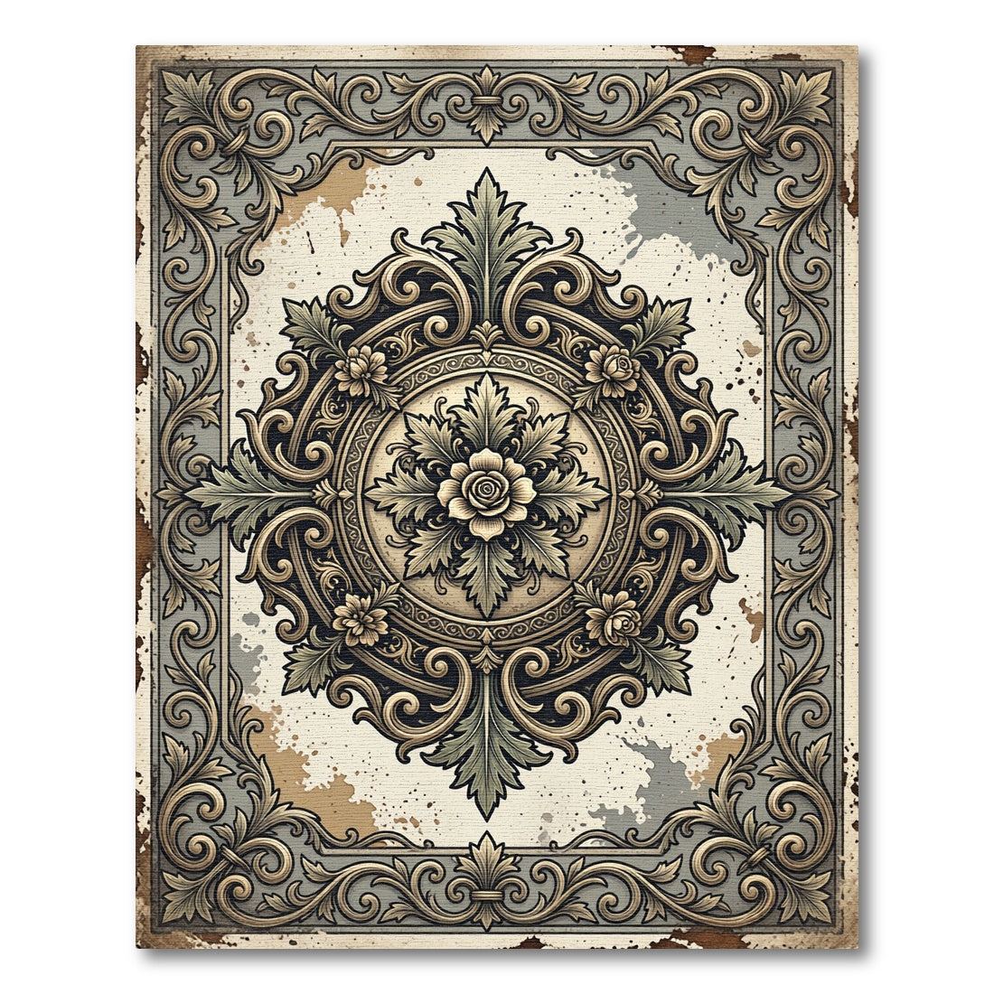 Vintage Ornate Gold Floral Medallion Rug
