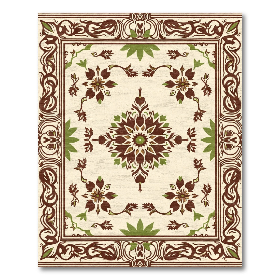 Ornate Brown Green Floral Medallion Rug