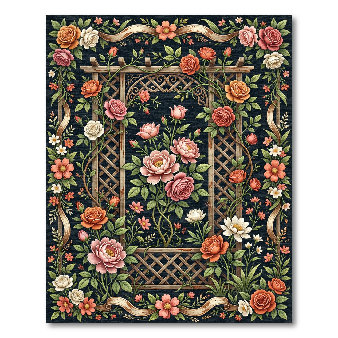 Elegant Trellis Floral Dark Botanical Rug