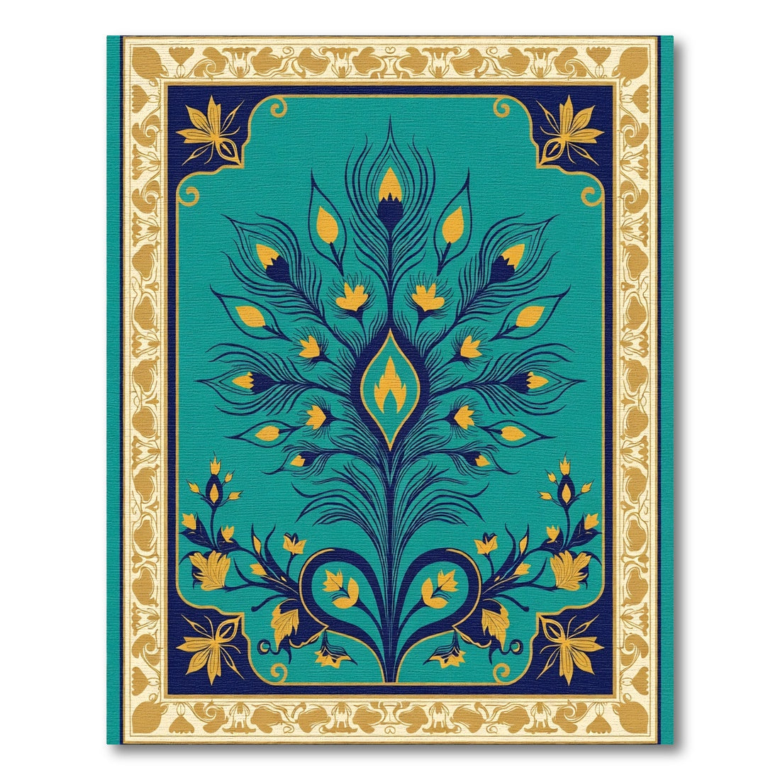 Teal And Gold Peacock Feather Border Rug