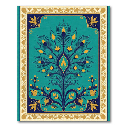 Teal And Gold Peacock Feather Border Rug