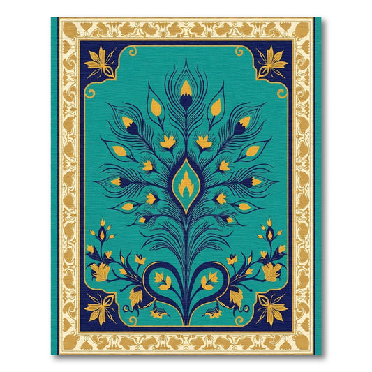 Teal And Gold Peacock Feather Border Rug