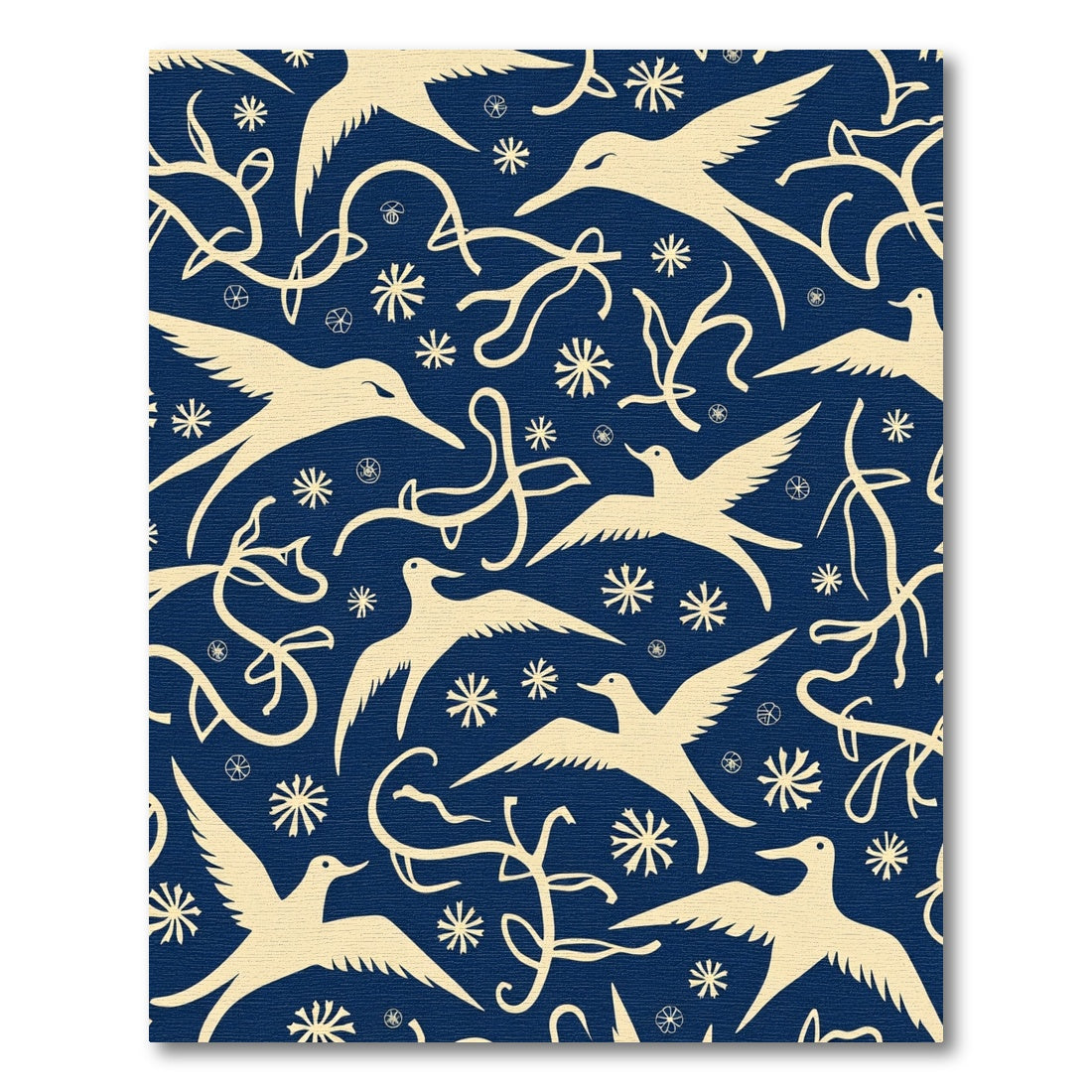 Navy Blue Cream Bird Swirl Composition Rug