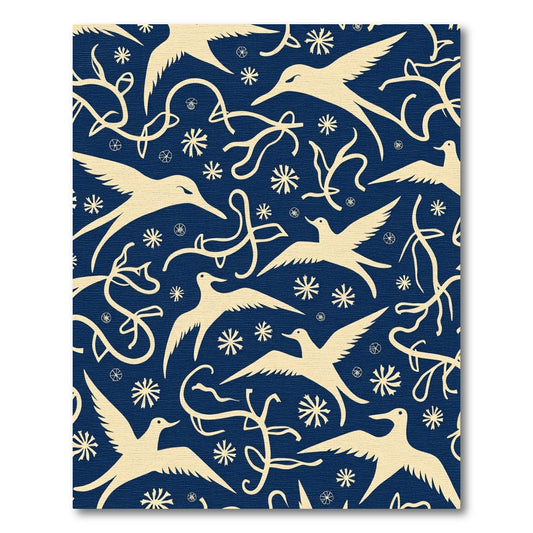 Navy Blue Cream Bird Swirl Composition Rug