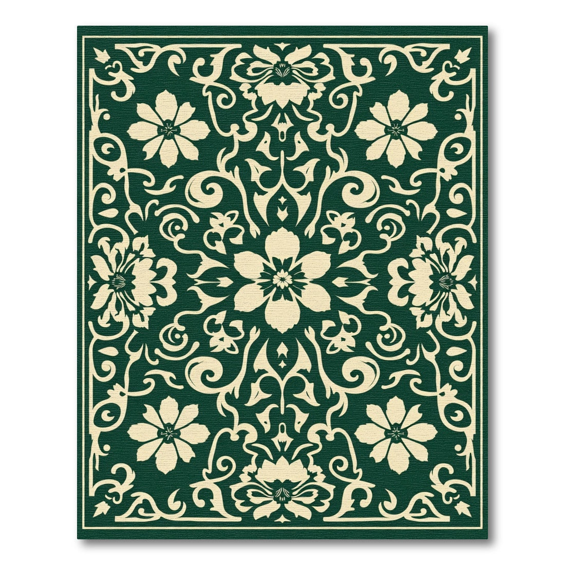 Elegant Cream Floral Damask Emerald Rug
