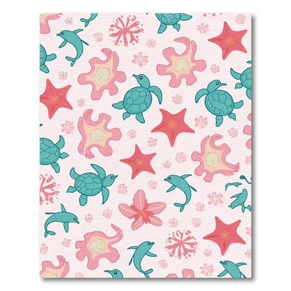 Teal Turtle Dolphin Coral Starfish Pattern Rug