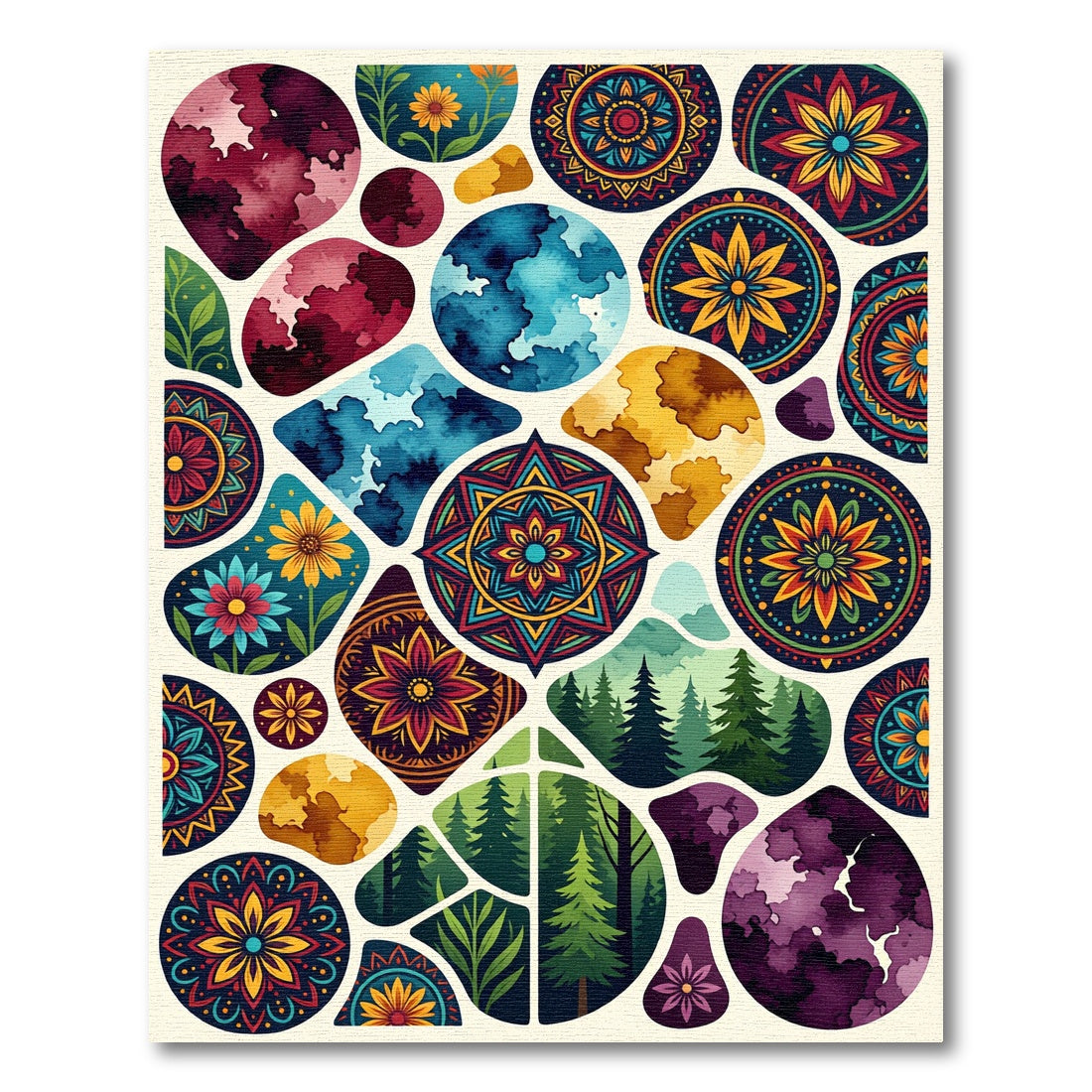 Eclectic Watercolor Medallion Forest Shapes Rug