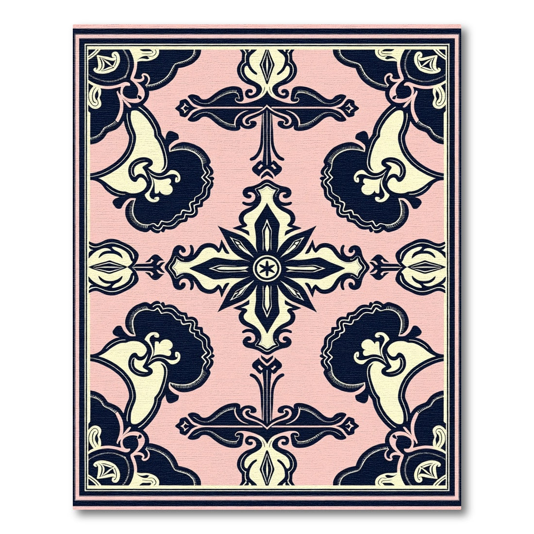 Pale Pink Navy Floral Medallion Rug
