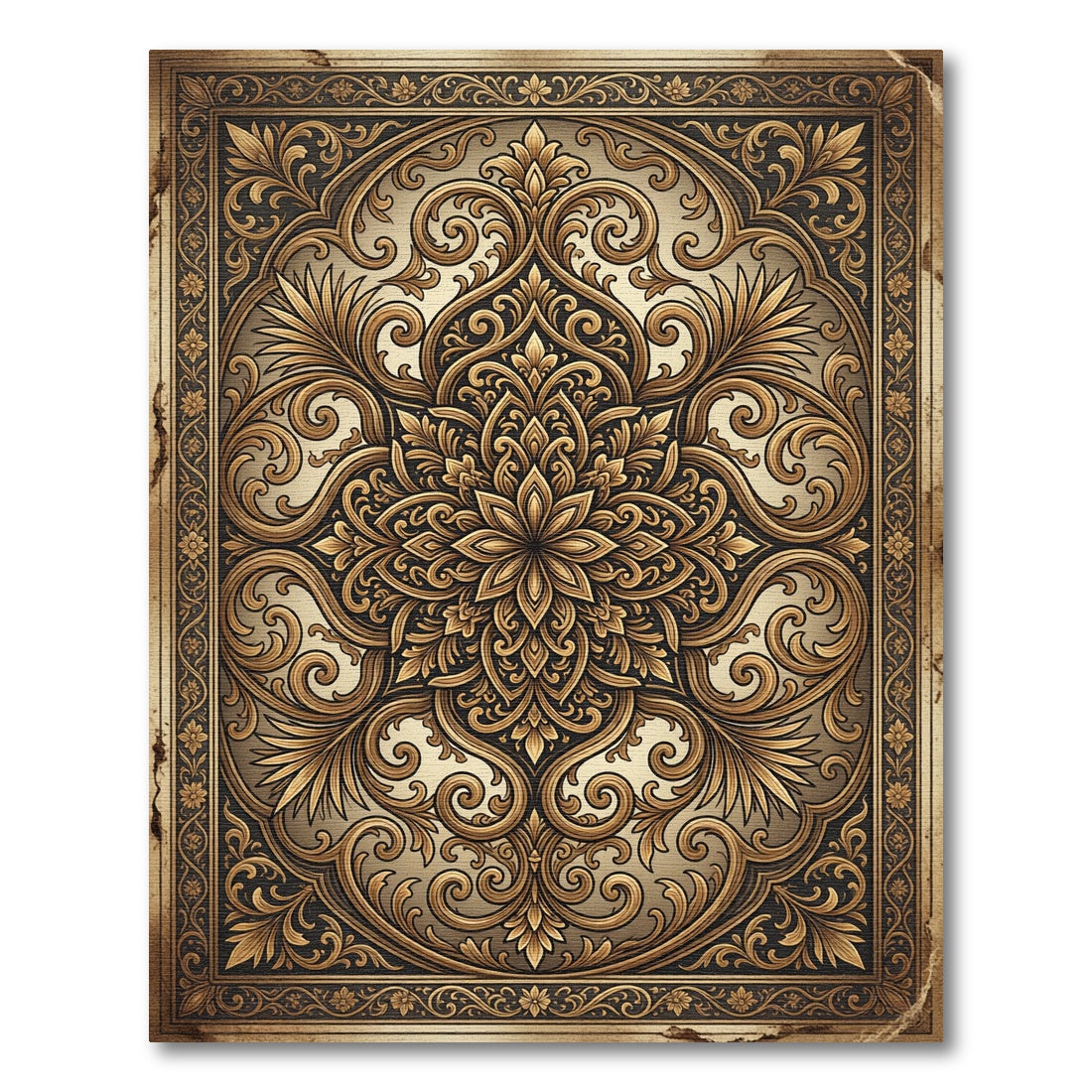 Ornate Gold Filigree Damask Scrollwork Rug