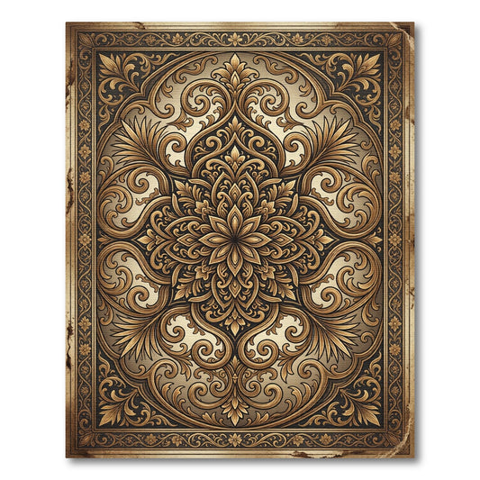 Ornate Gold Filigree Damask Scrollwork Rug