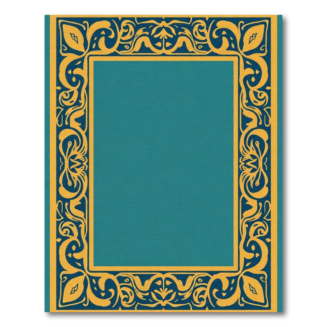 Gold Teal Ornate Scrollwork Border Rug