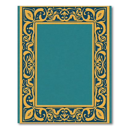 Gold Teal Ornate Scrollwork Border Rug