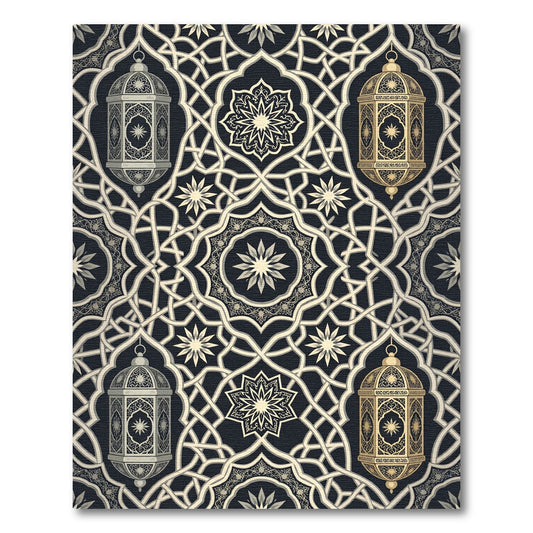 Elegant Gold Lantern Geometric Scroll Rug