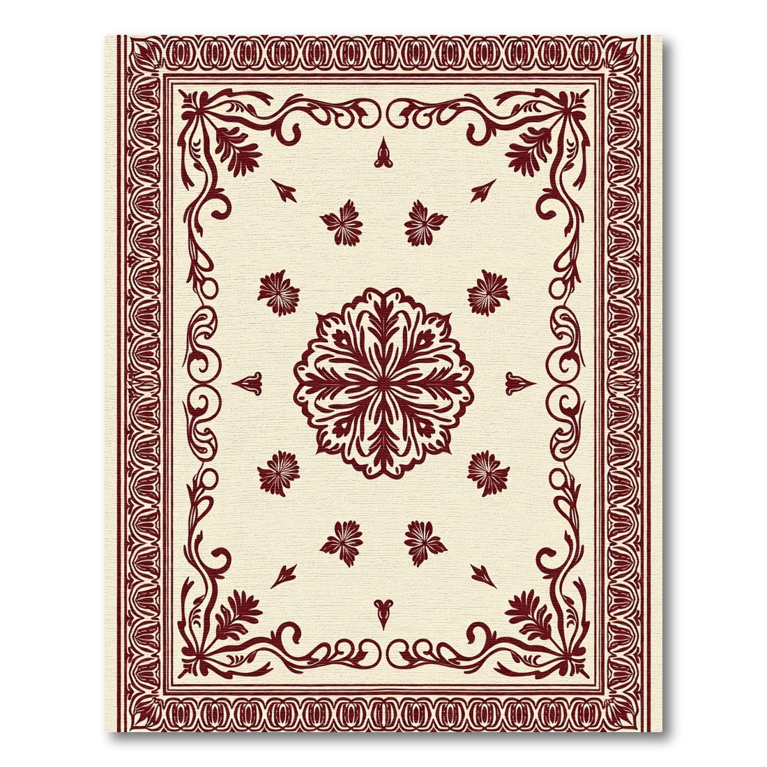 Deep Red Floral Medallion Cream Rug