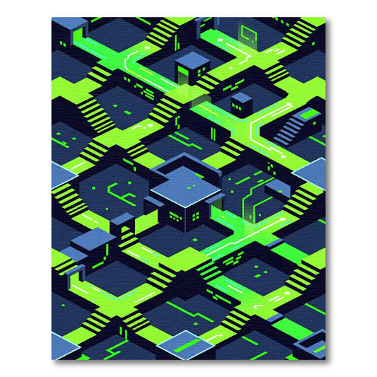 Neon Cybernetic Isometric Staircase Grid Rug