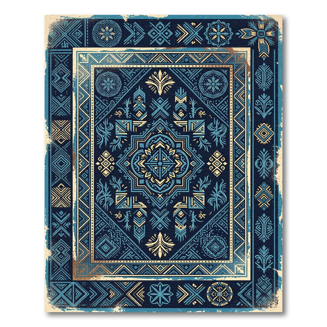Deep Blue Golden Geometric Medallion Rug