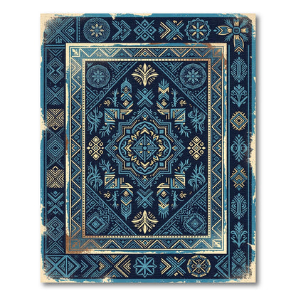 Deep Blue Golden Geometric Medallion Rug