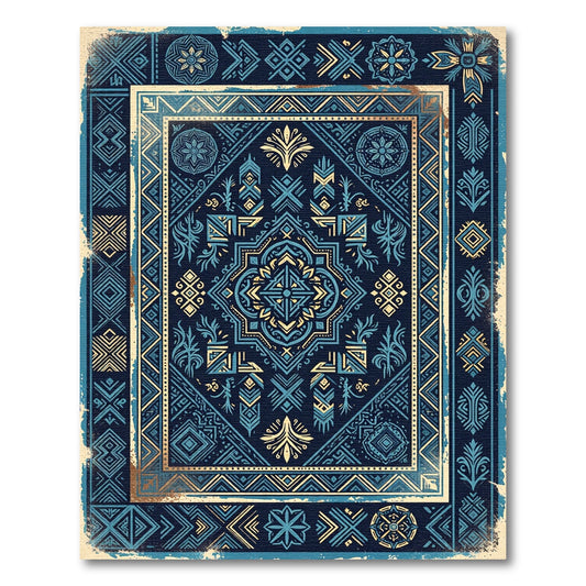 Deep Blue Golden Geometric Medallion Rug