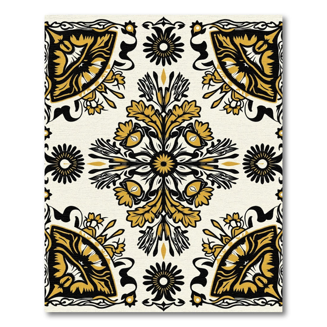 Golden Black Floral Fan Medallion Rug
