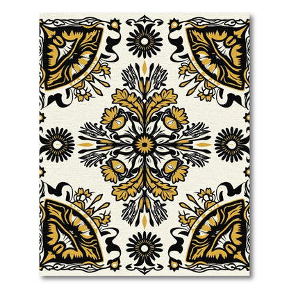 Golden Black Floral Fan Medallion Rug