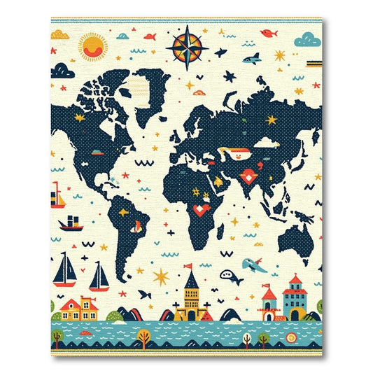 Whimsical Nautical World Map Adventure Rug