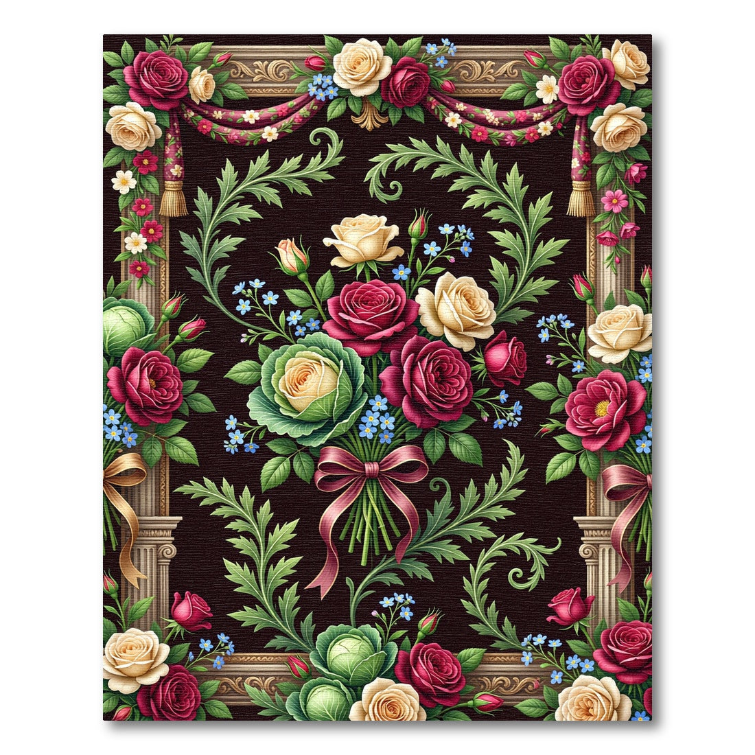 Elegant Crimson Rose Bouquet Victorian Tapestry Rug