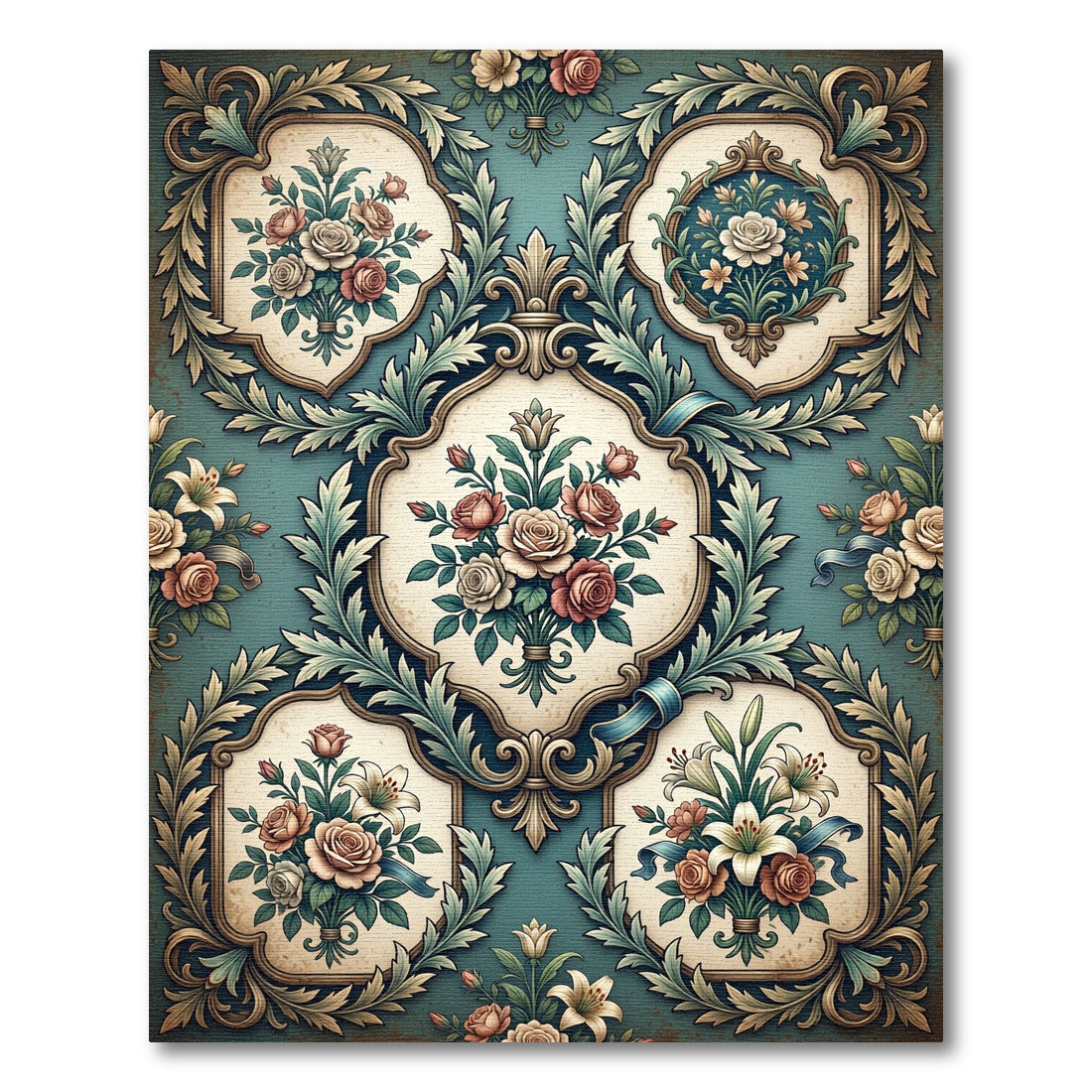 Vintage Teal Floral Bouquet Medallion Rug