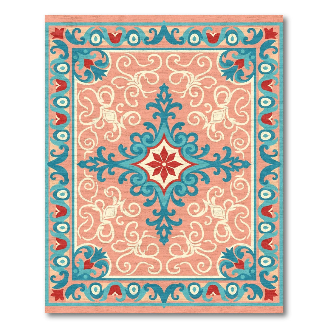 Coral Teal Red Floral Medallion Rug