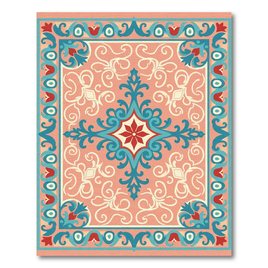 Coral Teal Red Floral Medallion Rug
