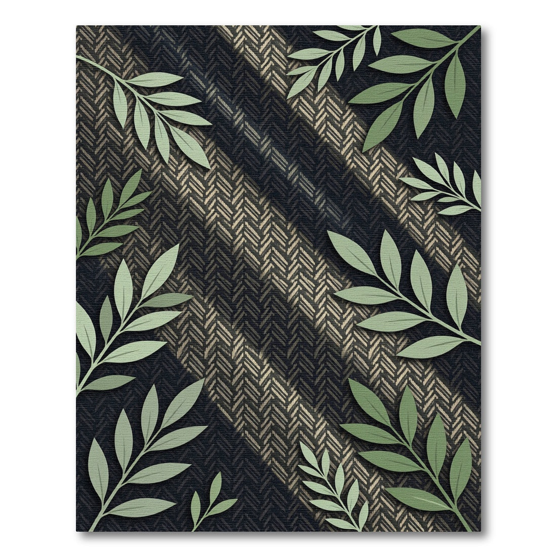 Elegant Botanical Herringbone Sage Black Rug